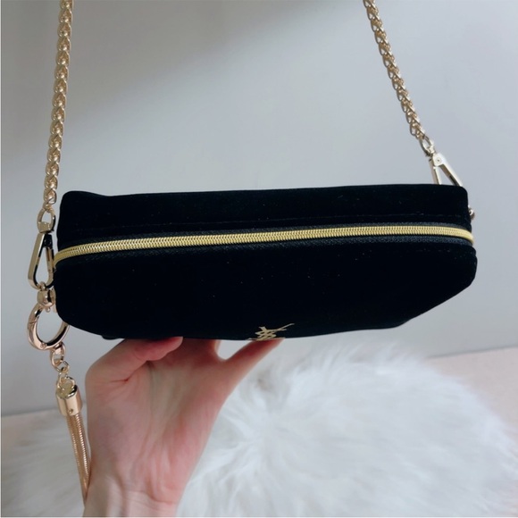 YSL YVES SAINT LAURENT Black Velvet bag purse clutch Gold Logo Chain tassel - Picture 5 of 7